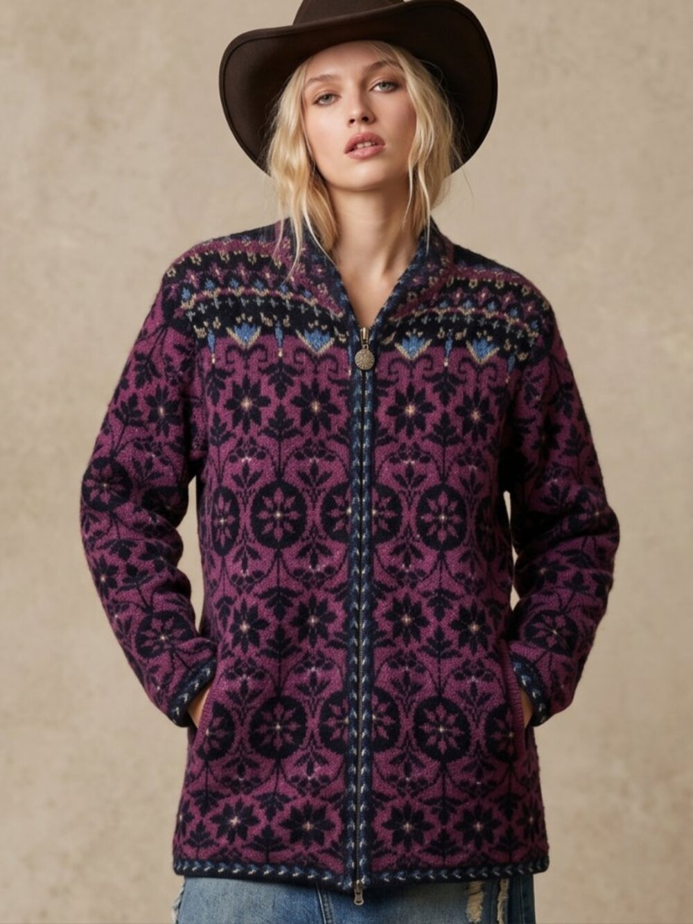 Icelandic Nordic Wool Cotton Blend M Lined Zip Cardigan Folk Indie Cottagecore